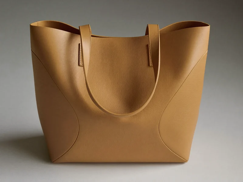 Shopper in pelle tonalità cuoio su superficie neutra, luce laterale morbida