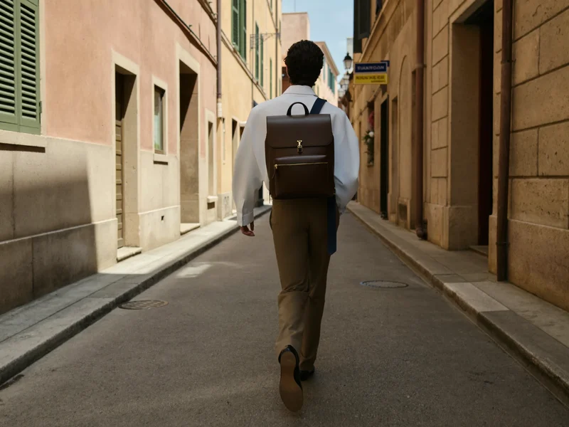 Persona di spalle con zaino su una via soleggiata di una cittadina italiana