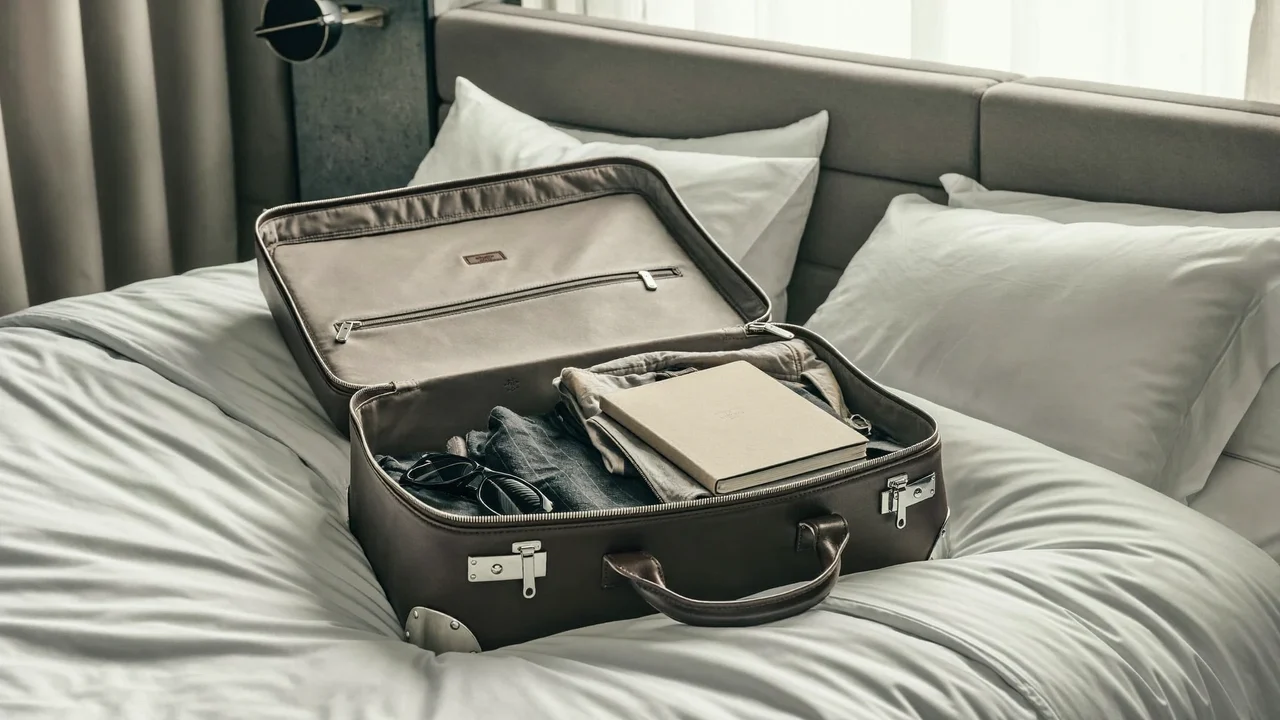 Borsa da viaggio aperta con abiti piegati, taccuino e occhiali da sole