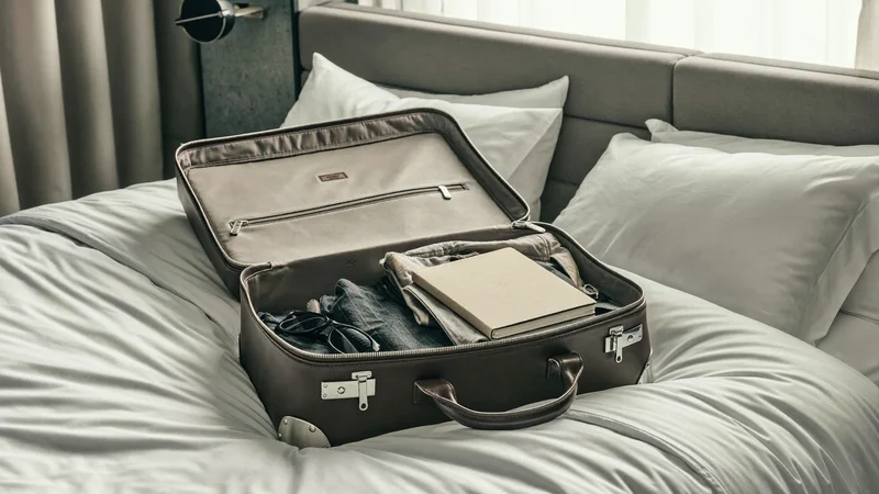 Borsa da viaggio aperta con abiti piegati, taccuino e occhiali da sole